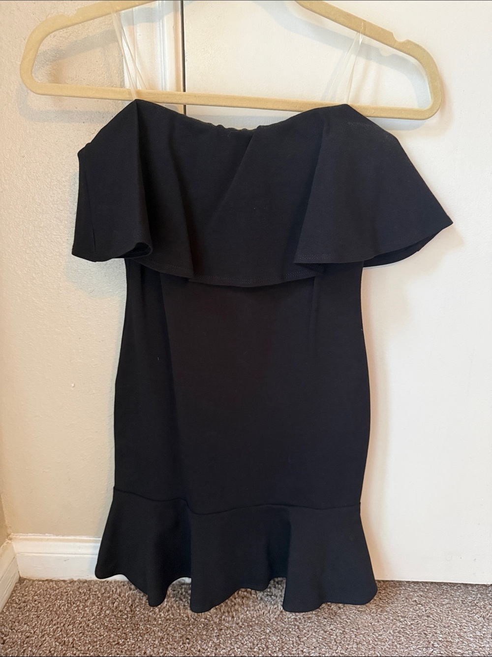 Blue Blush Strapless Black Ruffle Hem Dress